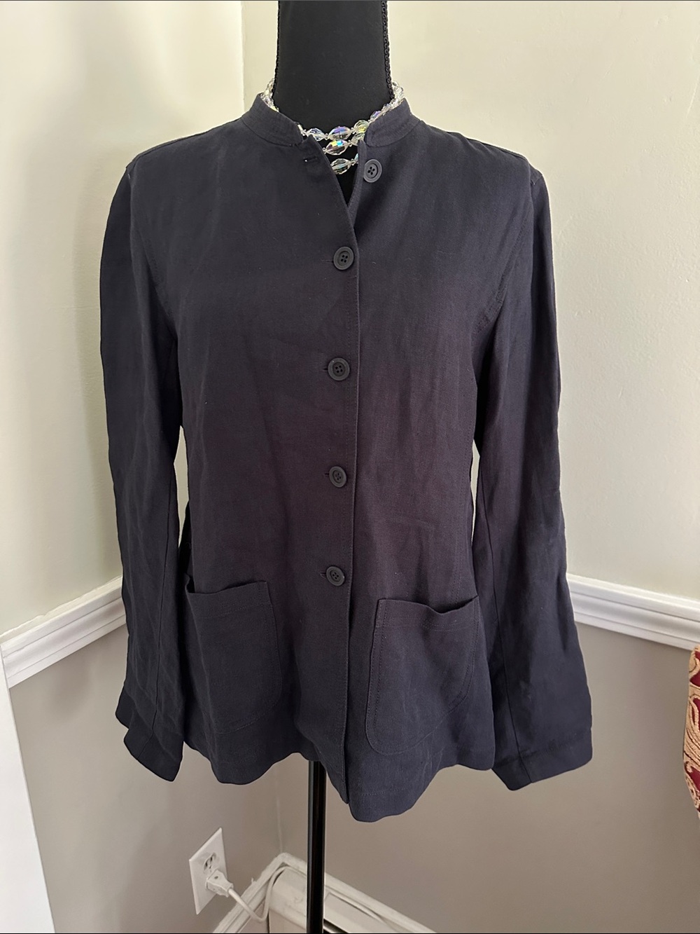 Eileen Fisher dark navy Button-Front Lightweight linen Jacket